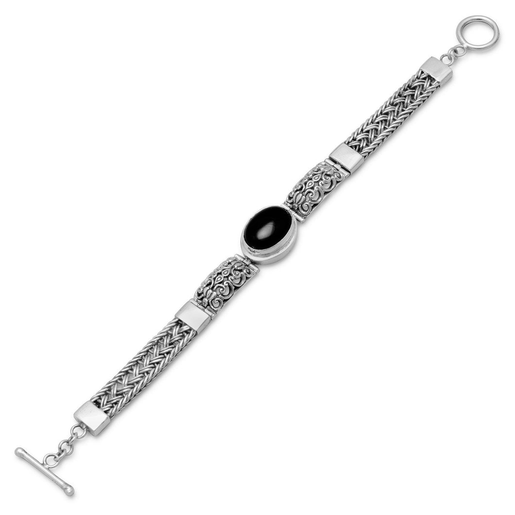 Oxidized Filigree Design Toggle Bracelet with Black Onyx