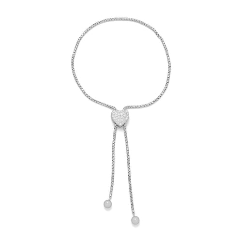 Rhodium Plated Adjustable Heart Pave CZ Bolo Bracelet