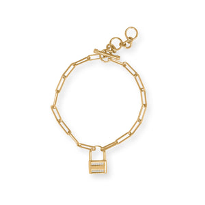 7.5" 14 Karat Gold Plated CZ Lock Toggle Bracelet