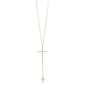 14 Karat Gold Plated Necklace with Double CZ Cross Drop