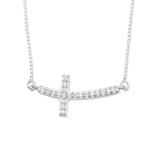 Rhodium Plated Sideways Cross Necklace with Diamonds