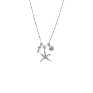 16" Rhodium Plated Starfish and Shells Charm Necklace