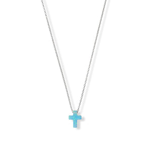 16" + 2" Rhodium Plated Synthetic Opal Cross Necklace