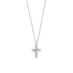 16" + 2" Two Tone Textured Cross with Heart Necklace