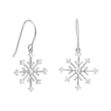 Rhodium Plated 8 Point Snowflake Earrings with 9 CZs on French Wire