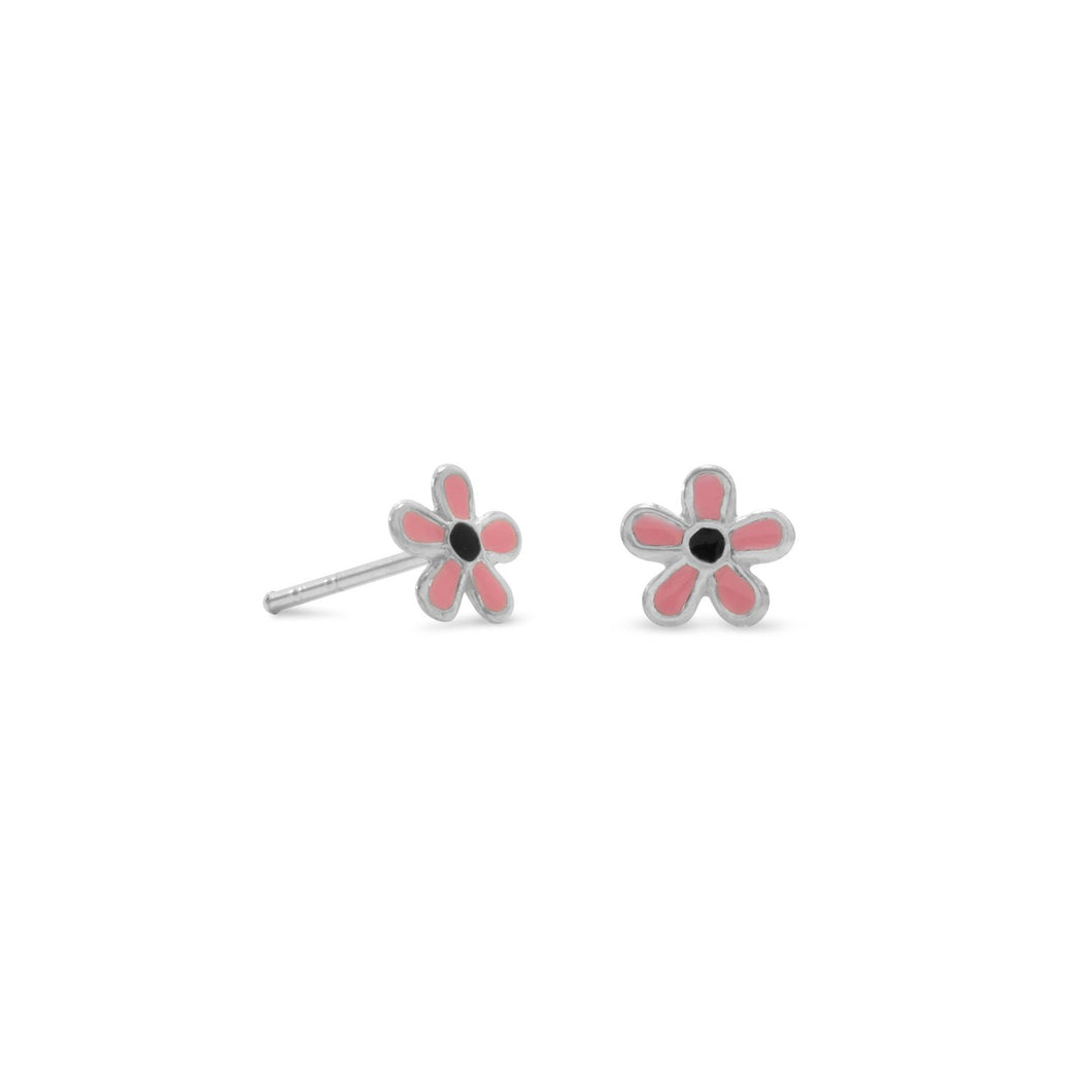 Pink and Black Enamel Flower Earrings