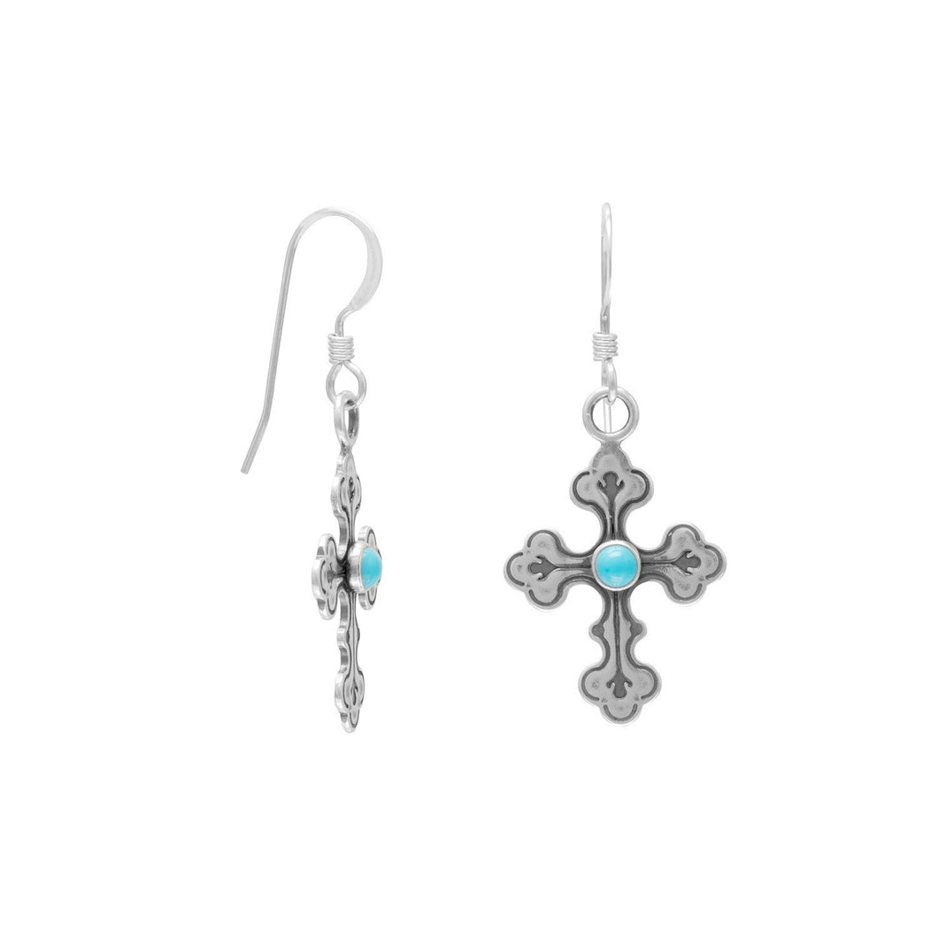 Oxidized Cross Earrings with Turquoise Center