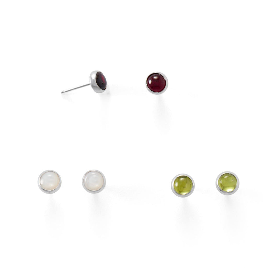 Set of 3 Peridot, Mother of Pearl, and Garnet Button Studs