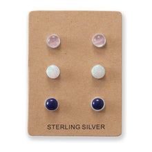 Set of 3 Synthetic White Opal, Lapis, and Rose Quartz Button Studs