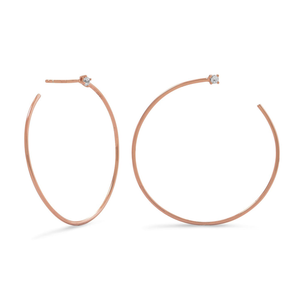 14 Karat Rose Gold Plated Lateral 3/4 Hoops with Single CZ