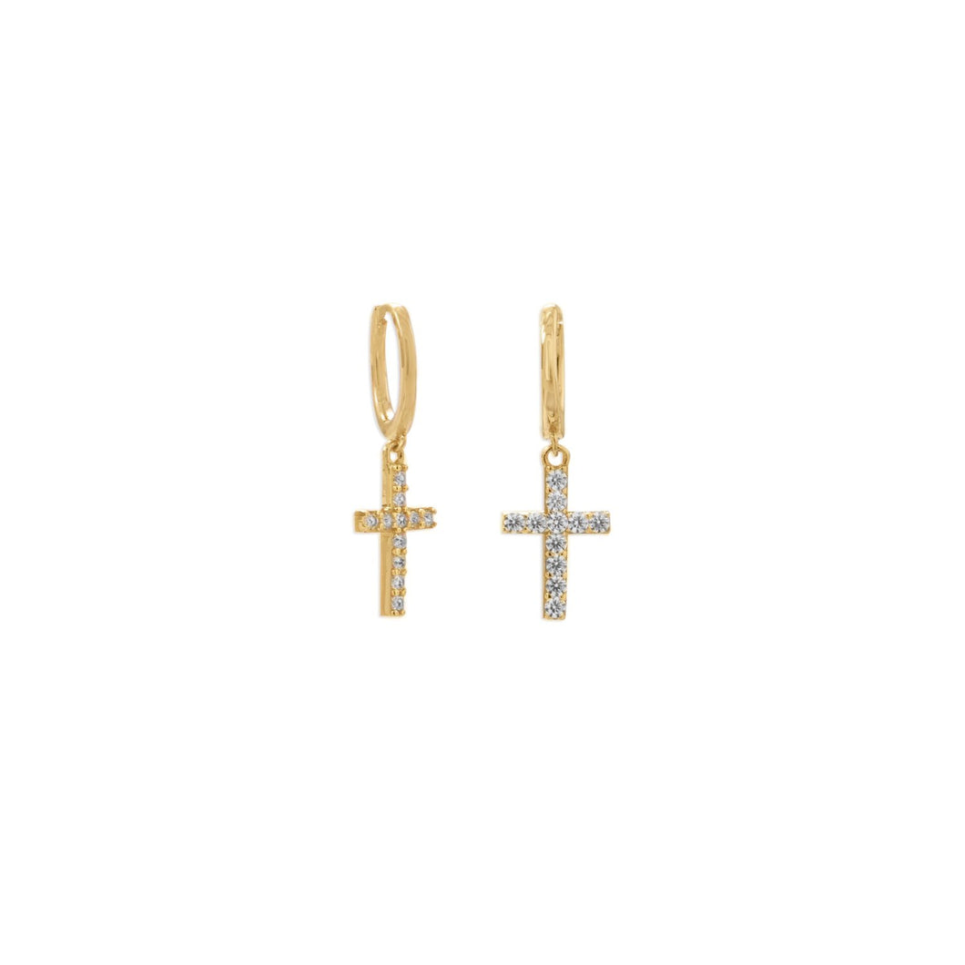 14 Karat Gold Plated Hoop Earrings with CZ Cross