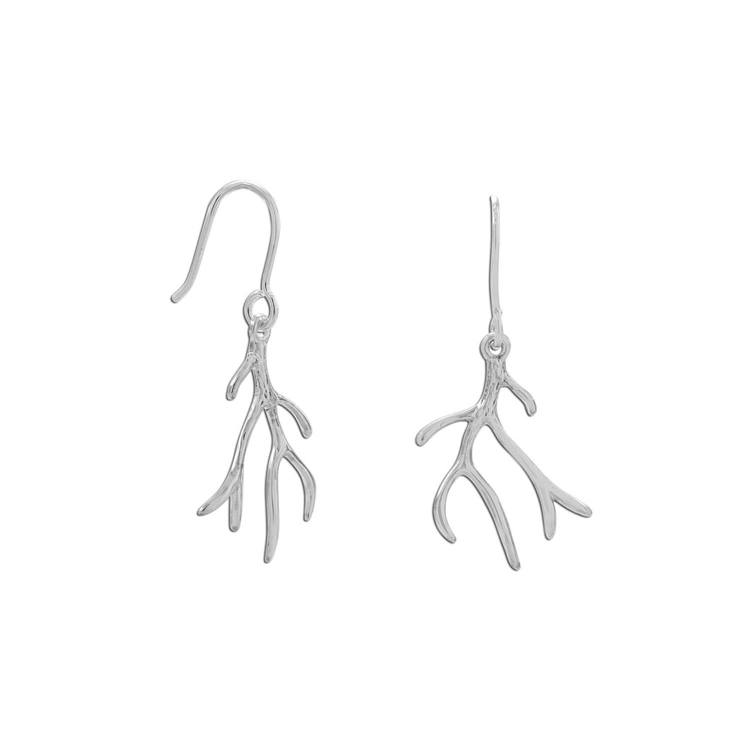 Rhodium Plated Polished Antler Design French Wire Earrings