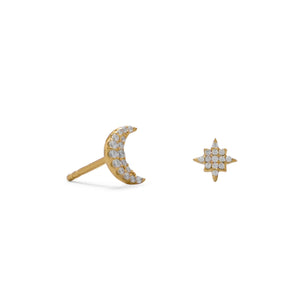 14 Karat Gold Plated CZ Moon and Star Stud Earrings