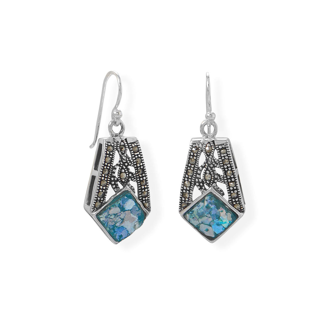 Oxidized Marcasite and Roman Glass Earrings