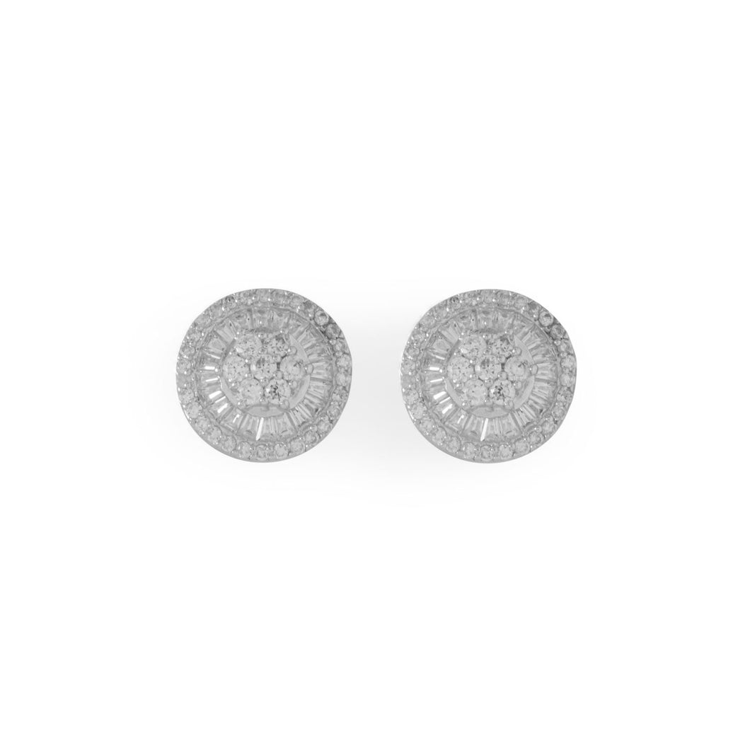 Rhodium Plated Round Baguette CZ Post Earrings