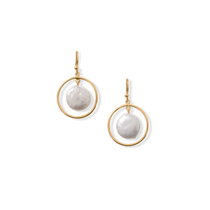 14 Karat Gold Plated Open Circle with Coin Pearl Earrings
