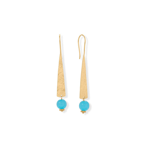 14 Karat Gold Plated Long Hammered Aqua Chalcedony Earrings