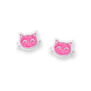 Pink Enamel Kitty Face Stud Earrings