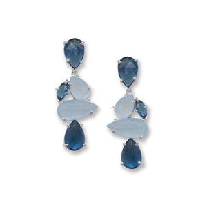 Rhodium Plated Tumbling Blue Glass Drop Earrings