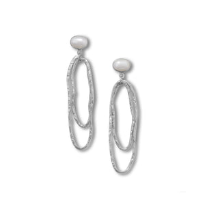Rhodium Plated Cultured Freshwater Pearl and Hammered Drop Earrings