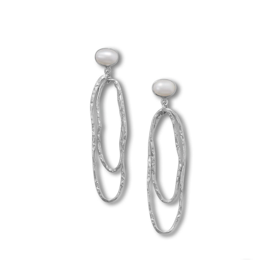 Rhodium Plated Cultured Freshwater Pearl and Hammered Drop Earrings