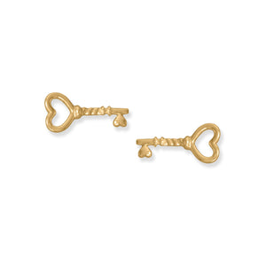 14 Karat Gold Plated Heart Key Stud Earrings