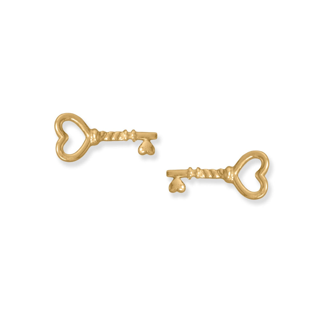 14 Karat Gold Plated Heart Key Stud Earrings