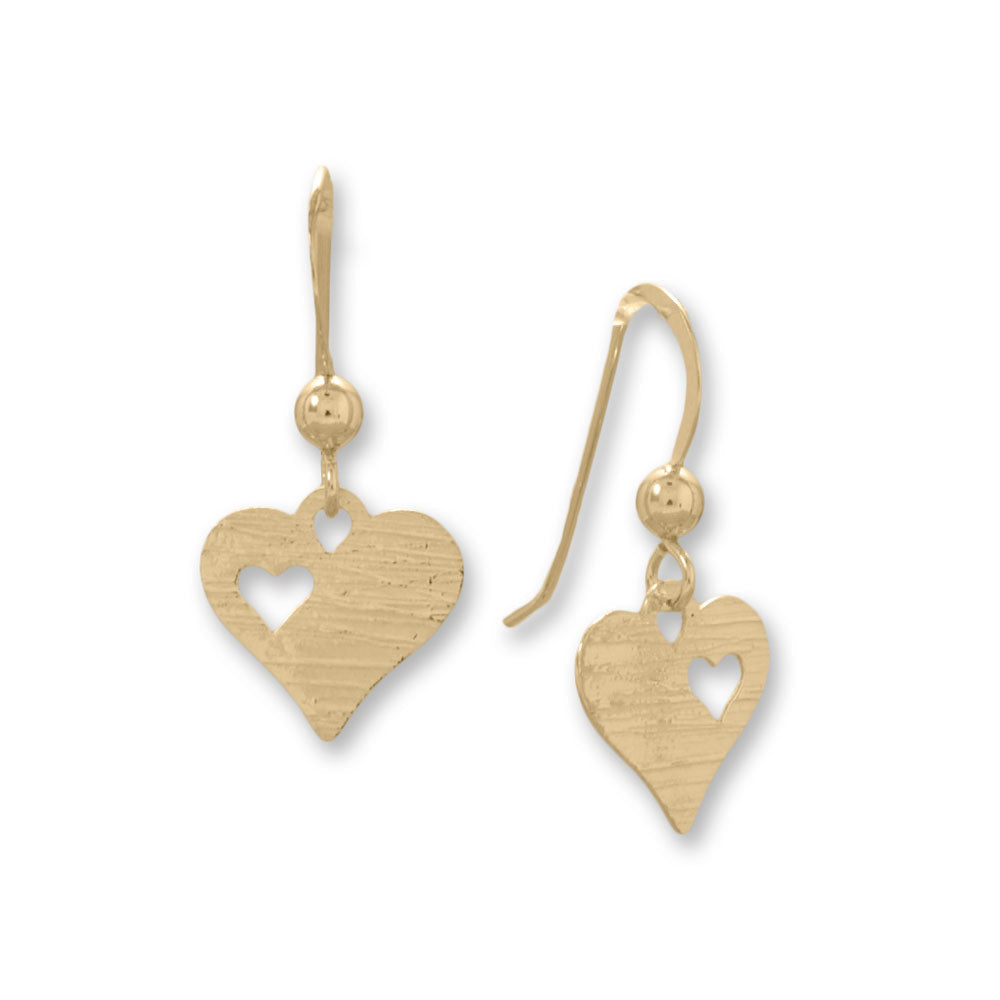 14 Karat Gold Plated Textured Cutout Heart French Wire Earrings