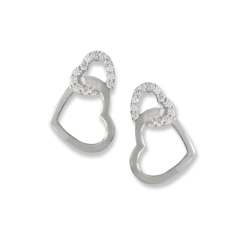 Rhodium Plated CZ and Polished Linked Heart Drop Earrings