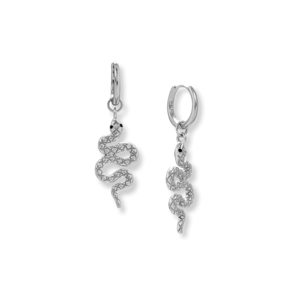 Rhodium Plated CZ Snake Charm Hoop Earrings