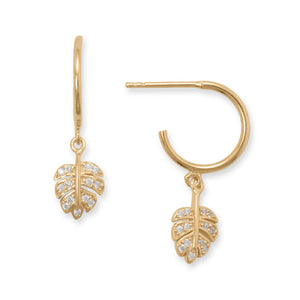 14 Karat Gold Plated CZ Decorated Leaf Charm Earrings
