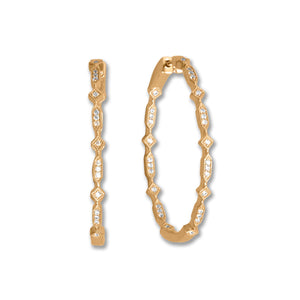 14 Karat Gold Plated CZ Diamond and Elongated Hexagon Hoop Earrings