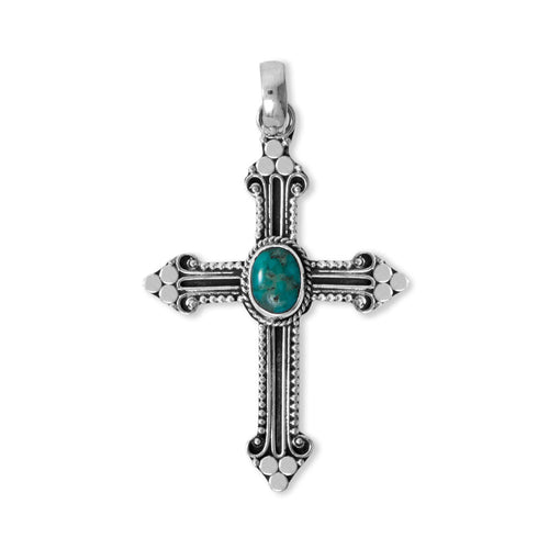 Turquoise and Fleur de Lis Detailed Cross Pendant