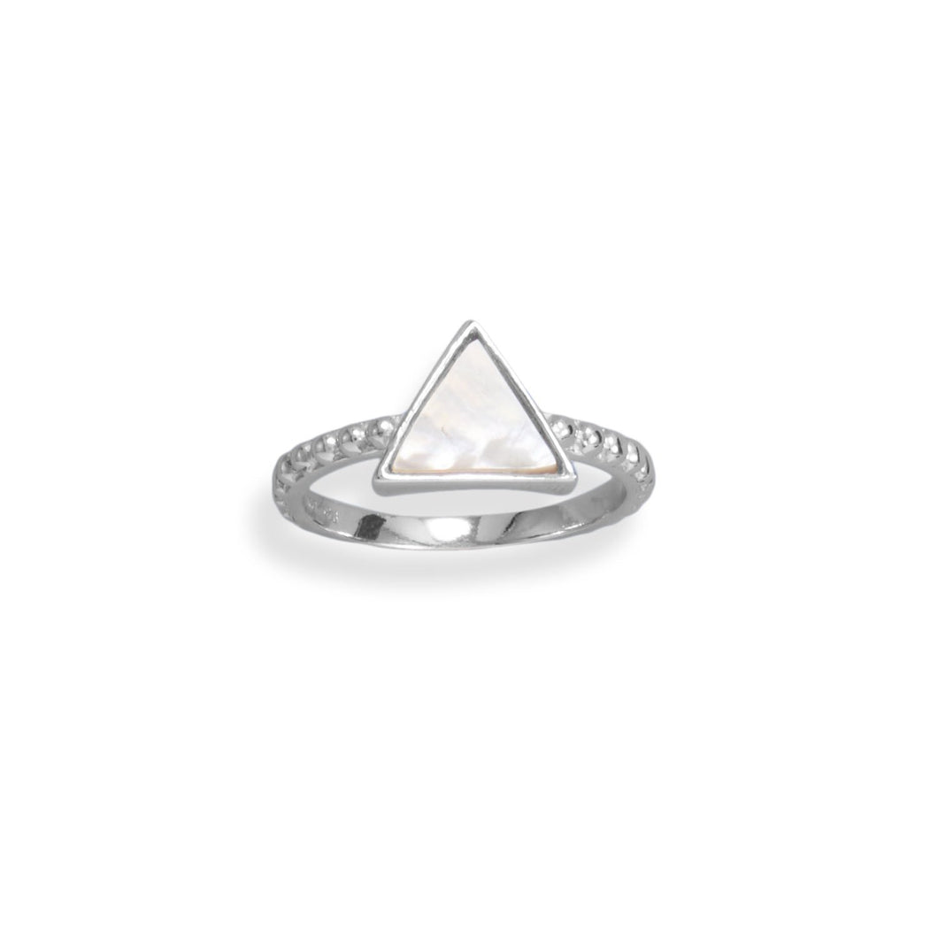 Rhodium Plated Triangle Shell and Beaded Band Ring