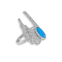 Rhodium Plated CZ and Blue Synthetic Opal Angel Wings Ring