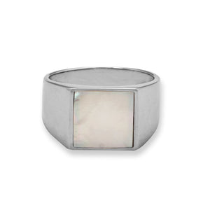 Rhodium Plated Mother of Pearl Square Signet Ring