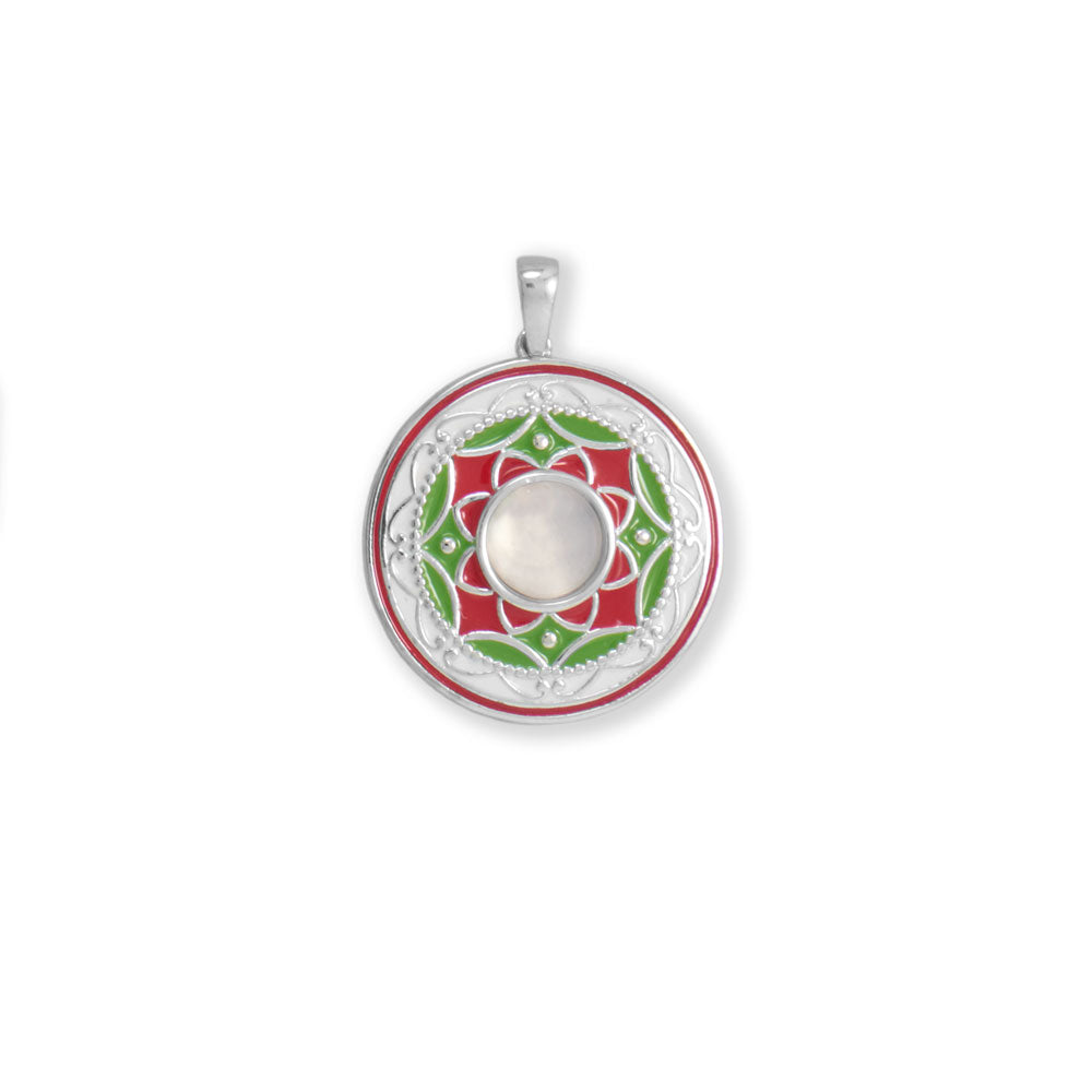Small Clear Chalcedony and Multi Color Enamel Medallion Pendant