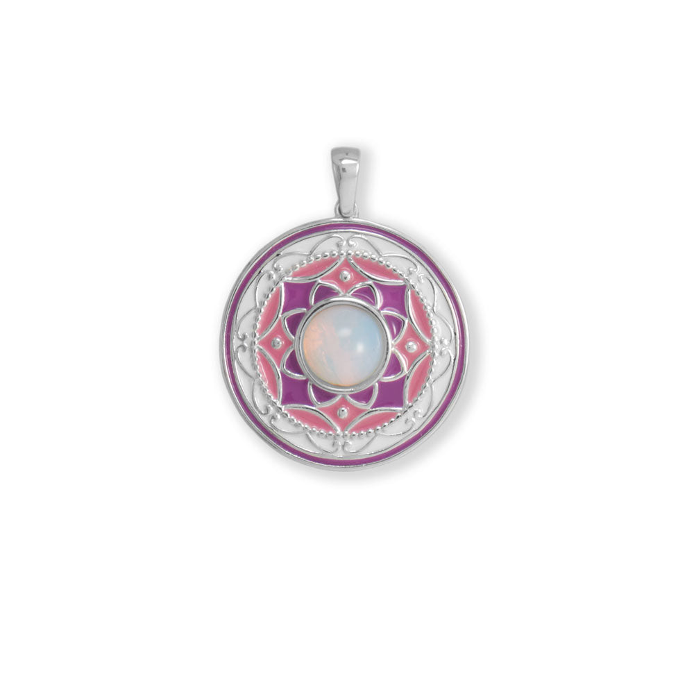 Small Simulated Opal and Multi Color Enamel Medallion Pendant