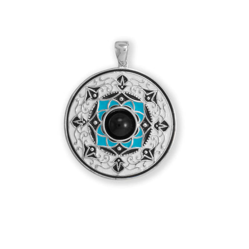 Large Black Onyx and Turquoise Enamel Medallion Pendant