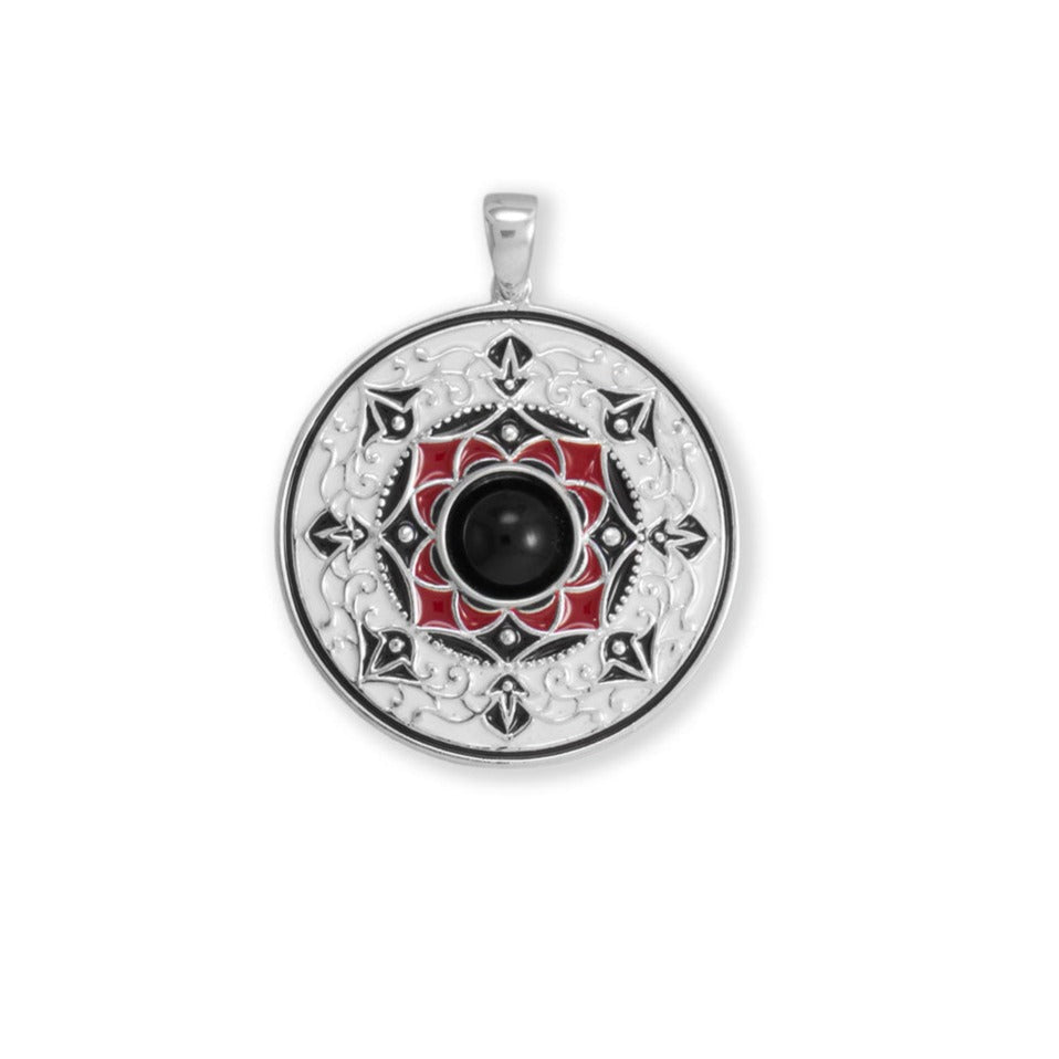 Large Black Onyx and Red Enamel Medallion Pendant