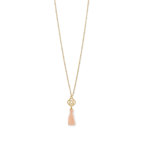 Gold Tone Celtic Charm and Peach Tassel Necklace